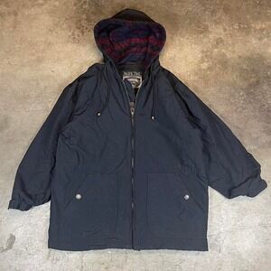 Vintage 90s black nylon hooded jacket with Aztec multicolored fleece Mens Medium